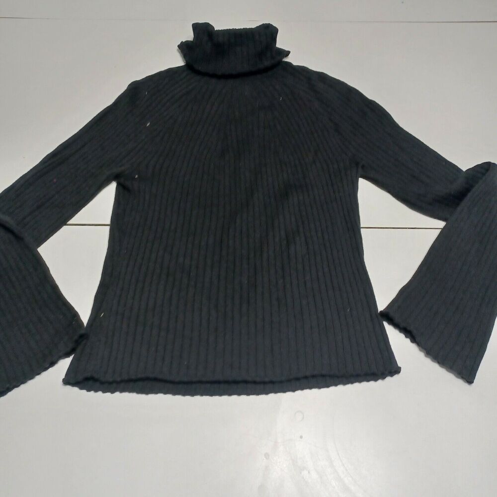 QUE Women Merino Pullover Sweater Black Long Bell Sleeve Turtleneck Cable Knit M